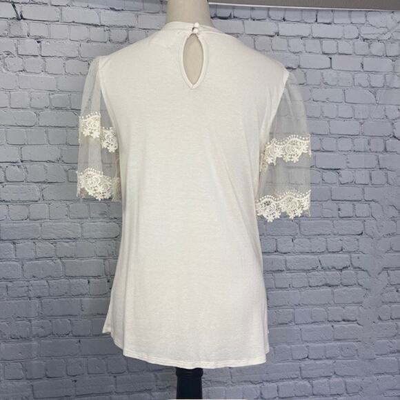 Willow Lace Sleeve Keyhole Button Blouse Cream Crew Neck Top Women's X- Large - Picture 2 of 9